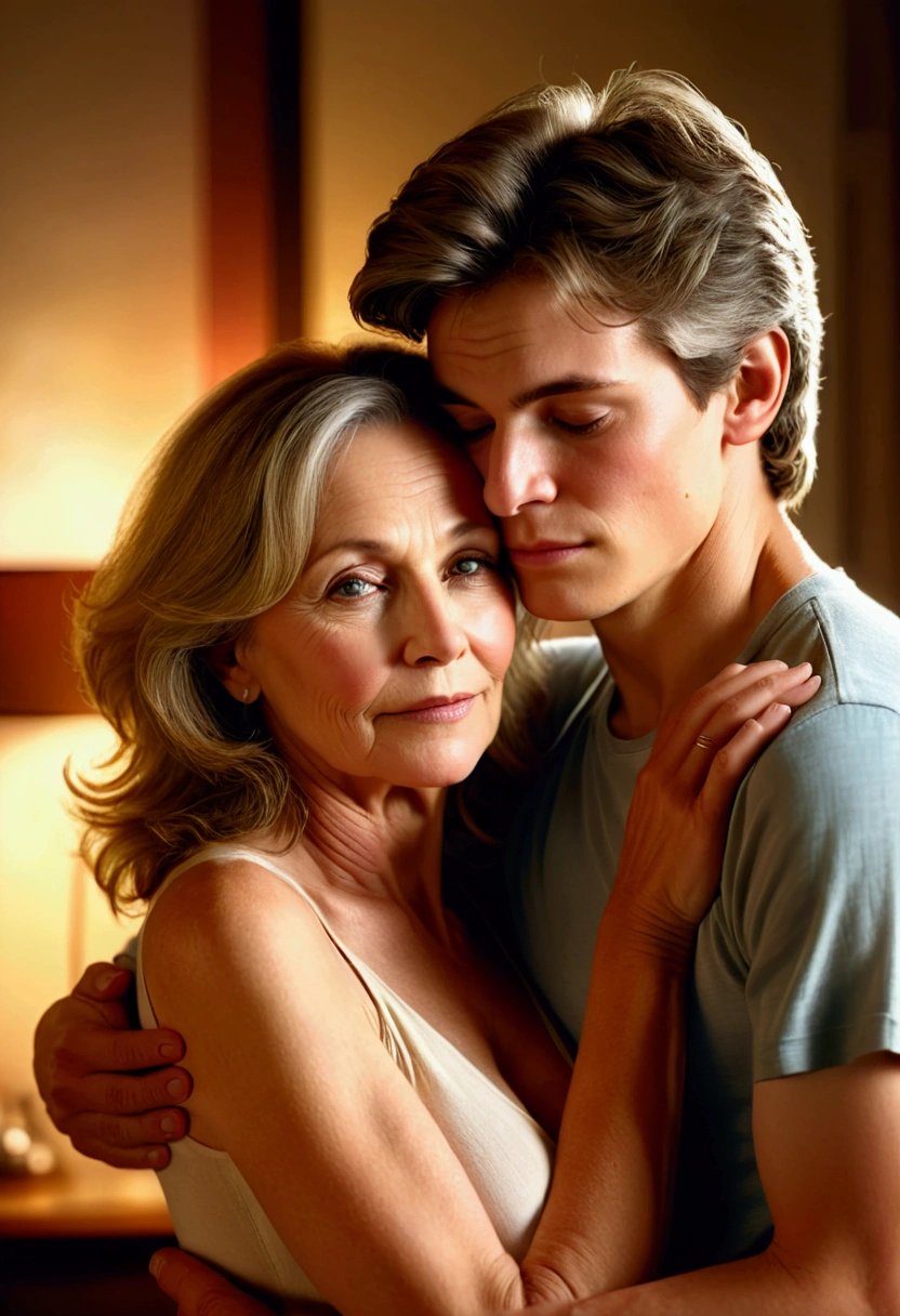 A beautiful middle-aged woman in her 50s, embraced by her 20-year-old nephew, sensual embrace, intimate family moment, warm lighting, soft colors, cinematic composition, photorealistic, hyperrealistic, extremely detailed, masterpiece, 4k, high resolution
