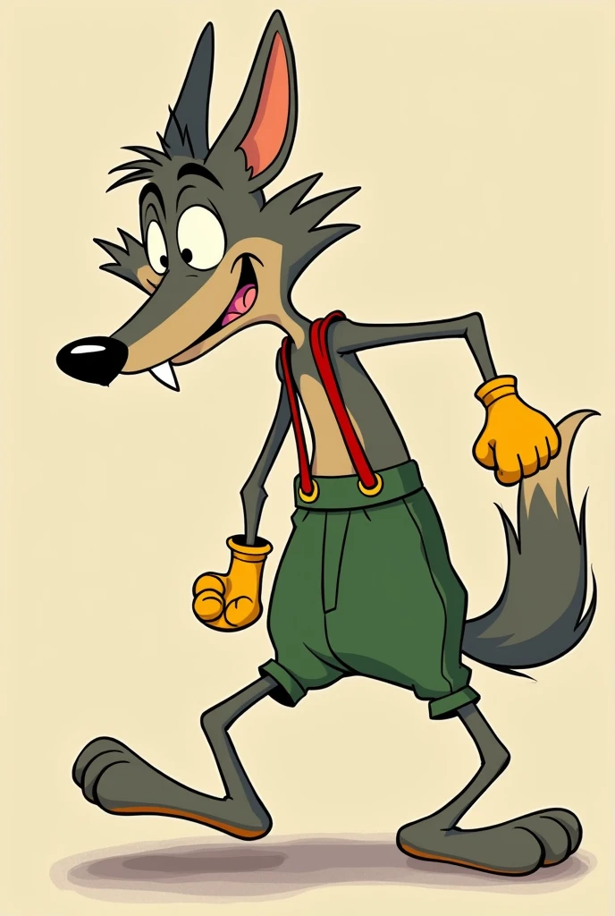 Body: The wolf has a lanky, exaggerated form, common in rubberhose animation. Its limbs, particularly the arms and legs, are long and bend with a loose, fluid quality, as though they lack rigid joints.
Gloves: The wolf wears oversized yellow gloves, a hallmark of the rubberhose era. The exaggerated fingers are typically simple and rounded, emphasizing a whimsical, playful tone.
Clothing: The character has large, green pants held up with red suspenders, another design trope reminiscent of early cartoon characters like Goofy. The exaggerated proportions of the clothing contribute to the humorous and expressive motion that rubberhose animation is known for.
Head/Face: The wolf's facial features are slightly more detailed than traditional rubberhose characters, with large eyes and a broad snout. However, the exaggerated smile, prominent nose, and cartoonish teeth keep it consistent with the over-the-top expressiveness of the style.
Pose: The wolf is shown sneaking or creeping, a common visual gag in early animations, further emphasized by the flexible, noodle-like limbs.
In summary, the wolf design fits well within the rubberhose style by focusing on exaggerated, flowing movement, with simple yet expressive features and attire that allow for highly animated gestures.