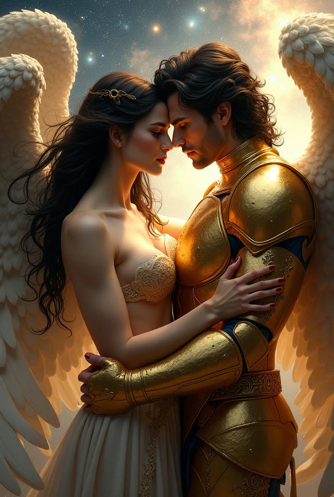 super high resolution, best quality, photos, 4k, (photorealistic: 1.4), cinematic lighting, angel man and female angel, with large translucent wings, muscular, abdominal muscles, dressed in medieval gold armor, detailed feathers, cyberpunk environment, snow and ice environment in the background, ice cathedral, portal of the future, surround light, HD, magic, god of light, backlighting, detailed face, contrasting, smooth skin