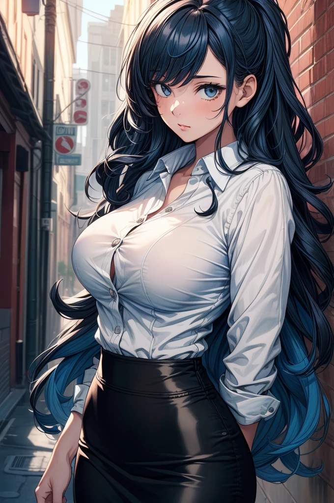fashionable, long black hair, soft expression, cleavage, big breasts, dress, street clothes, on the street, cowboy shot