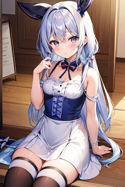 (masterpiece), (best quality), highres, kei1, 1girl, solo, blue eyes, long hair, (wears a white Venezuelan dress), ribbon, bangs, collarbone, (gray hair), black hair band, neck ribbon, hair between eyes, medium breasts, cowboy shot, smile, (anatomically correct full body), this inside a Venezuelan house, detailed full escenario