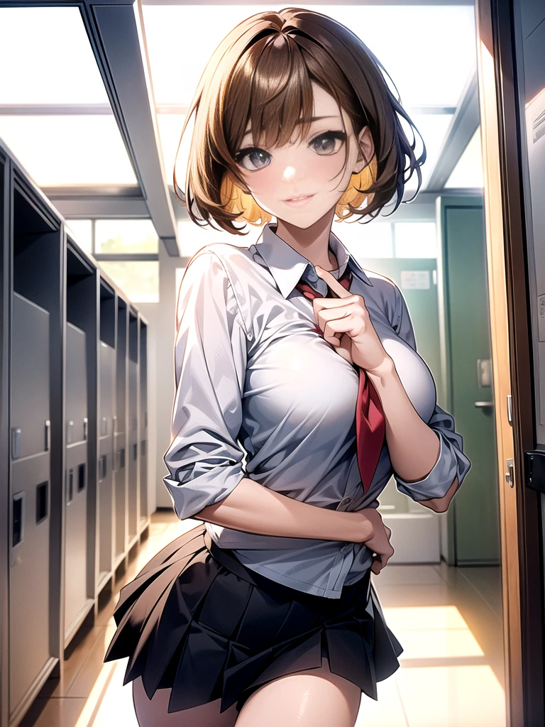 masterpiece, best quality, high quality, perfect anatomy, ultra detailed, perfect design,
BREAK,
high school girl, beautiful detailed face, realistic skin, (shiny glossy skin),
BREAK,
brown eyes, ((realistic eyes)), ultra detailed eyes, beautiful high light eyes, (narrow eyes), ((droopy eyes)), (big eyes), (wide-set eyes), double eyelids, ((half closed eyes)),
BREAK,
brown hair, ((bob cut)), ((straight hair)), (medium side hair), thin hair, (swept bangs), shiny glossy hair,
BREAK,
seductive smile, (open mouth), tongue out, (feeling weak), ((embarrassed)), (nose blush),
BREAK,
((white solid bra)), ((white solid panties)), (panties stain), (((pantyhose))),
BREAK,
(school uniform, beige jacket/blazer), (((long sleeve white shirt, unbutton, open clothes))), ((gray check pattern printed skirt)), small breasts, breasts exposed, cleavage, big areola, erection of nip-ples, camel-toe, wind lift,
BREAK,
(standing), (((holding skirt))), (spread legs), ((from above)), (((looking up))), (((focus face))),
BREAK,
(classroom), top light, warm light