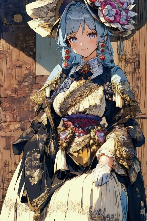 (masterpiece), (best quality), (ultra detailed),(disheveled hair),(illustration), (1girl), standing, smiling, beautiful detailed eyes, light brown eyes, detailed beautiful face, ( kamisato ayaka(genshin impact), light blue hair, detailed hair, bangs, best lighting, best shadow, highly detailed, vibrant, long hair made intto a braid, fancy hat with a feather on it, long formal dress, sleeve ruffles, neck ruffle, lacy white gloves, black heels