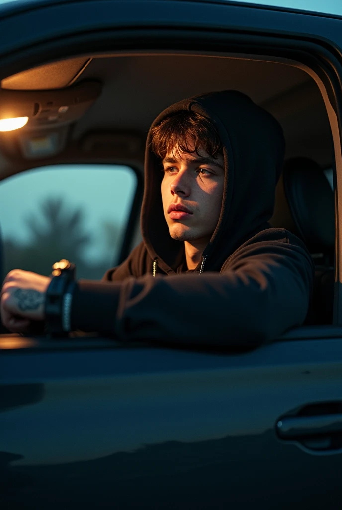 "Write a scene where a teenage boy sits alone in his car, contemplating his future, with the soft glow of streetlights casting shadows on the dashboard."