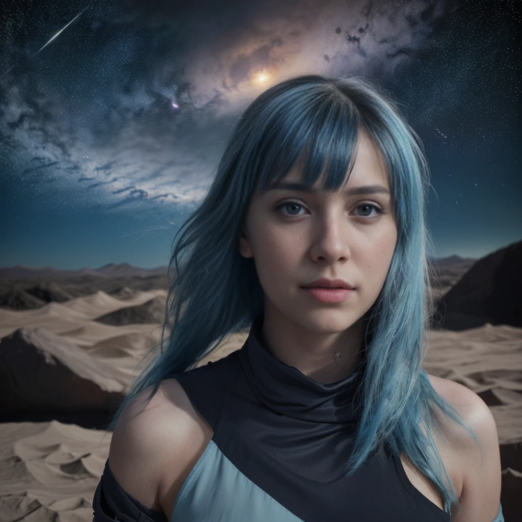 a photo of a young woman with blue hair and bangs floating in space, piel detallada, sudorosa, long detailed hair blowing in the wind, mesmerizing detailed face looking directly at the viewer, surrounded by stars, planets and a vibrant galaxy backdrop, (best quality,4k,8k,highres,masterpiece:1.2),ultra-detailed,(realistic,photorealistic,photo-realistic:1.37),cinematic lighting,award winning,stunning space scene