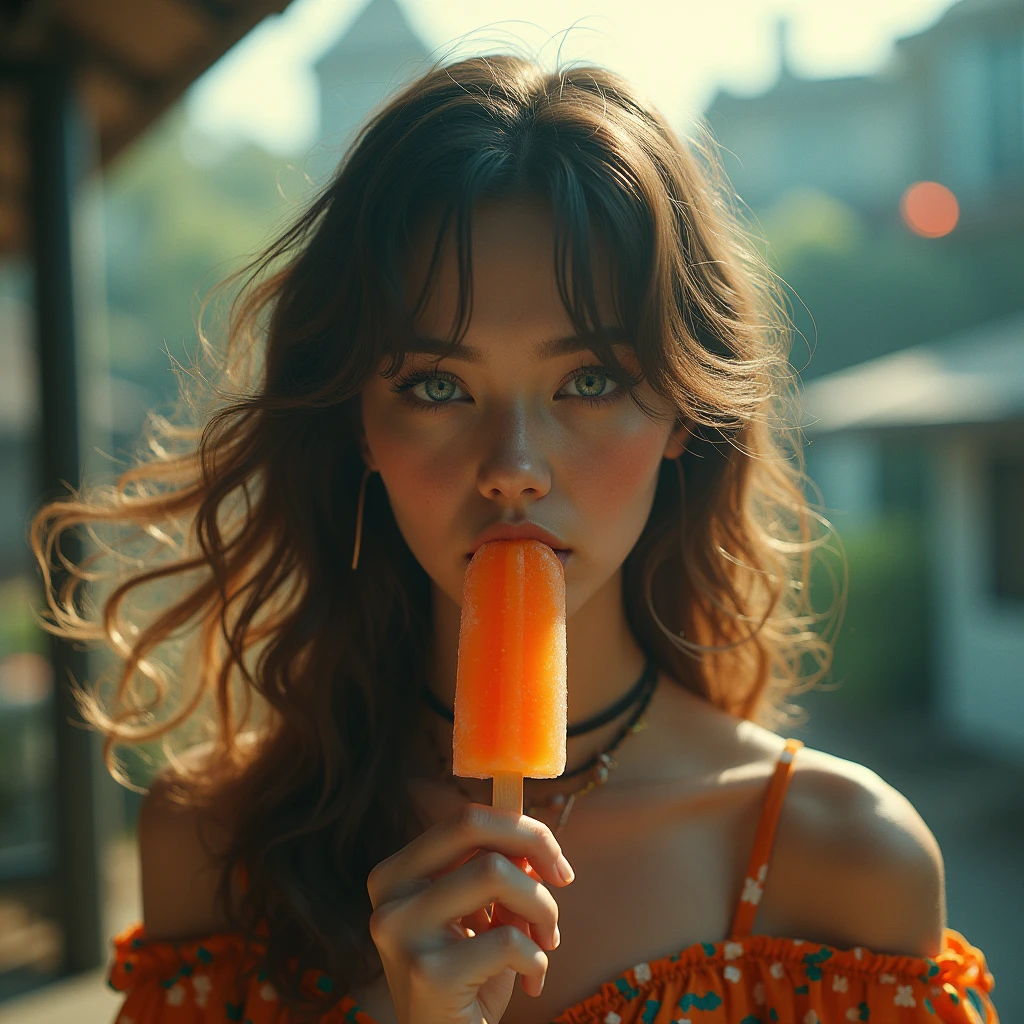 In this new series of images, we capture the 26-year-old model enjoying a delicious moment while savoring an ice pop. Her brown hair, straight and shiny, frames her face with freshness and vitality. A charming smile lights up her expression, radiating joy and pleasure. Dressed in a colorful, summery outfit, her voluptuous body stands out even as she enjoys her palette. The camera captures the close-up image of her, highlighting the happiness on her face and the delicious indulgence of the moment. Every detail, from the sparkle in her eyes to the sparkle on her palette, is clearly seen thanks to the high resolution of the image. This photograph conveys a feeling of joy and satisfaction, capturing the natural beauty and grace of the model in a moment of simple and pure pleasure. Her charismatic presence and exceptional style shine in this image, conveying a sense of happiness and well-being that is characteristic of her authentic and vibrant personality