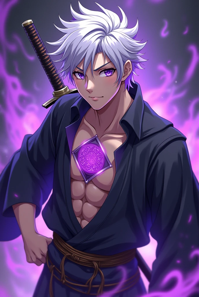 Ultra detailed, HDR, Highres, absurdres, master piece, Shinazugawa Sanemi, white hair, expressive dark purple eyes, hair between the eyes, scar on his face, black clothes, white haori, Kimetsu No Yaiba, purple glittering butterflies, petals, purple lotus, handsome, magical, sexy man, toned chest, extremely detailed face and eyes, glittering, fantasy, purple background, purple water,