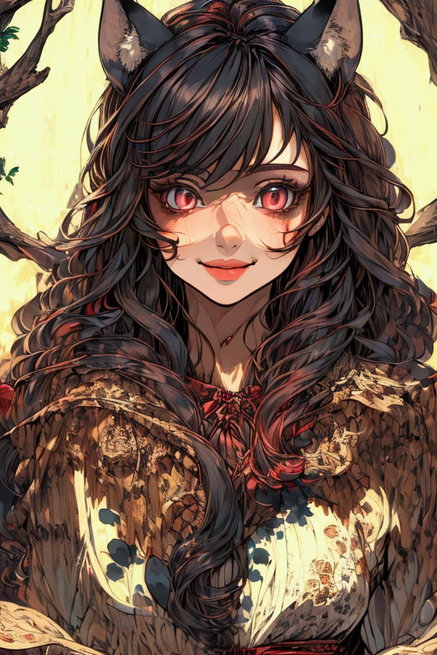 (masterpiece), (best quality), (ultra detailed),(disheveled hair),(illustration), (1girl), standing, smiling, beautiful detailed eyes, light red eyes, detailed beautiful face, detailed hair, bangs, best lighting, best shadow, highly detailed, vibrant, red hood, wolf ears, soft red lips, long black dress, woods bbackground