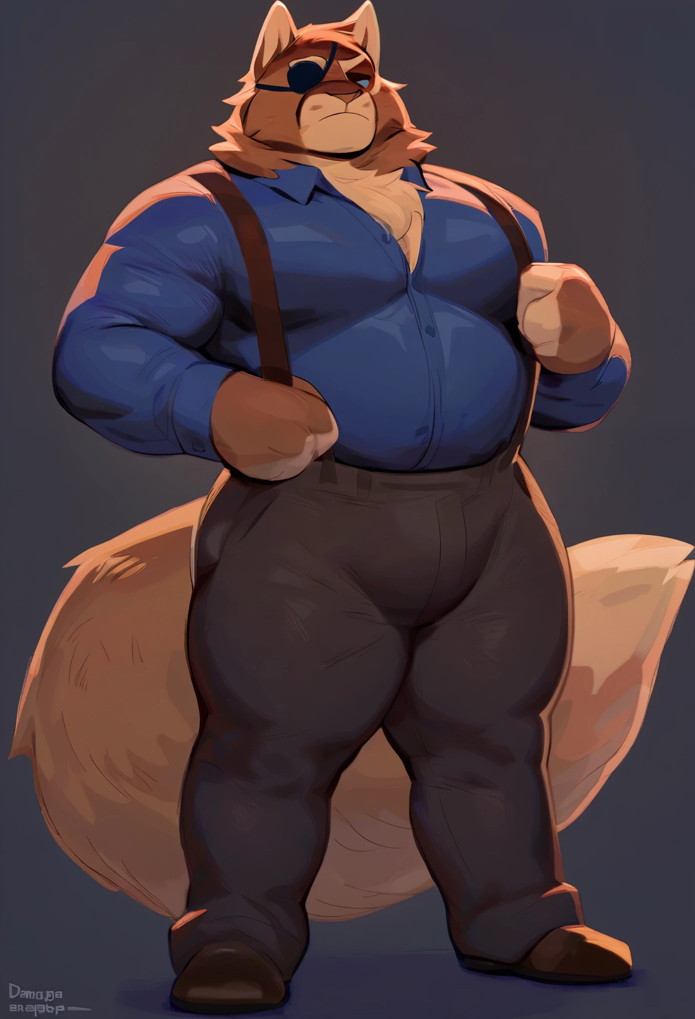 solo, male, viktor vasko, fluffy fur, high resolution, best qualities, big pecs, standing, full body, suspender pants, thick thighs, dark blue dress shirt, eyepatch, chubby, horny, muscle, very hairy, (By dangpa), pose, simple background, dark colors, dark ambiance, night