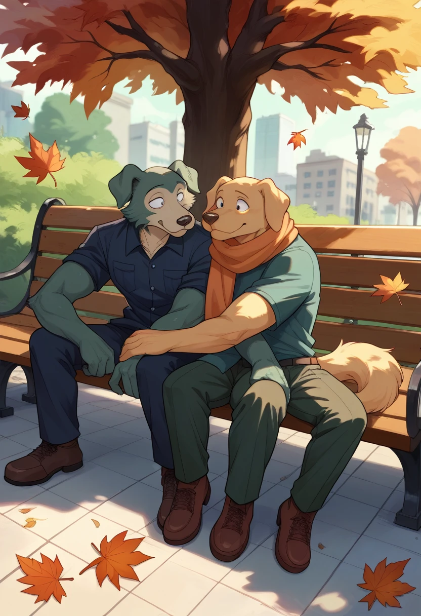 2 men, 2 male, 2 anthro, by zackary911, by honovy, by darkgem, by roanoak, by sssnowby, masterpiece, insanely detailed face, insanely detailed background, Beastars, Jack, labrador, retriever, park, autumn, fall, outdoors, cozy, cuddling, smile, raccoon, gloves, scarf, sunshine, shadows, light rays, looking at each other, sitting, park bench, falling leaves, hug