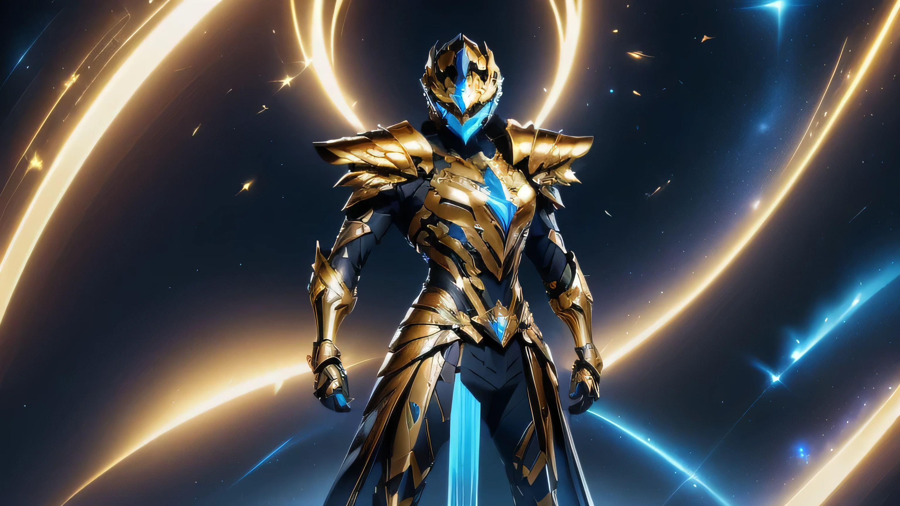 It's a man. The image presents a highly detailed and futuristic armor designed for a male warrior. The armor combines elements from different parts to create a cohesive and powerful look. Helmet: The helmet features a sleek, aerodynamic design with a golden metallic finish. It has a central crest that rises upwards, and the visor glows with a bright blue light, giving it a high-tech, futuristic appearance. Pauldrons (Shoulder Pads): The shoulder pads are designed to be close to the chest, with angular lines extending smoothly toward the shoulders. They have a polished golden finish and curve elegantly upward, creating a harmonious transition between the chest and shoulders, while providing a majestic and protective look. Chest Plate: The chest plate is intricately segmented, with a combination of gold and dark metallic blue. It has a gem-like crystal in the center that emits a soft, mystical glow. The design of the chest plate is both protective and regal, with sharp, angular lines that add to the overall futuristic aesthetic. Arm Guards: The arm guards are sleek and streamlined, with articulated golden and purple segments that offer flexibility and protection. The design of the gauntlets is both robust and elegant, incorporating futuristic elements that blend with the classic style. Leg Armor: The legs are armored with segmented plates that are primarily gold and purple. The boots are angular and sturdy, with a design that conveys both strength and agility. The overall look of the leg armor is grounded yet sleek, completing the ensemble with a powerful stance. The background of the image is a dark cosmic scene, filled with distant stars and nebulae that highlight the polished surfaces of the armor. Dynamic lighting is used to emphasize the key features, particularly the glowing visor and central chest gem, reinforcing the mystical and imposing nature of the warrior. This collar is seamlessly connected to the shoulder pads, enhancing both the protective.