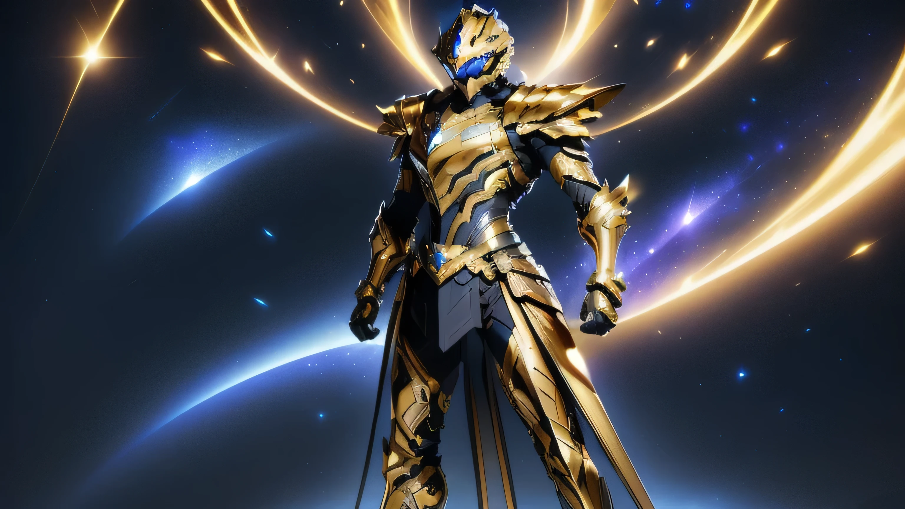 It's a man. The image presents a highly detailed and futuristic armor designed for a male warrior. The armor combines elements from different parts to create a cohesive and powerful look. Helmet: The helmet features a sleek, aerodynamic design with a golden metallic finish. It has a central crest that rises upwards, and the visor glows with a bright blue light, giving it a high-tech, futuristic appearance. Pauldrons (Shoulder Pads): The shoulder pads are designed to be close to the chest, with angular lines extending smoothly toward the shoulders. They have a polished golden finish and curve elegantly upward, creating a harmonious transition between the chest and shoulders, while providing a majestic and protective look. Chest Plate: The chest plate is intricately segmented, with a combination of gold and dark metallic blue. It has a gem-like crystal in the center that emits a soft, mystical glow. The design of the chest plate is both protective and regal, with sharp, angular lines that add to the overall futuristic aesthetic. Arm Guards: The arm guards are sleek and streamlined, with articulated golden and purple segments that offer flexibility and protection. The design of the gauntlets is both robust and elegant, incorporating futuristic elements that blend with the classic style. Leg Armor: The legs are armored with segmented plates that are primarily gold and purple. The boots are angular and sturdy, with a design that conveys both strength and agility. The overall look of the leg armor is grounded yet sleek, completing the ensemble with a powerful stance. The background of the image is a dark cosmic scene, filled with distant stars and nebulae that highlight the polished surfaces of the armor. Dynamic lighting is used to emphasize the key features, particularly the glowing visor and central chest gem, reinforcing the mystical and imposing nature of the warrior. This collar is seamlessly connected to the shoulder pads, enhancing both the protective.