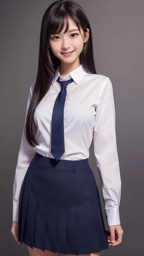 (8K, Raw photography, top-quality, masterpiece:1.2), One Woman、Japan at the age of 18,fullllbody.{scinematic angle、Wide Angle}(Realistic Skins 1.4)、(((female high-school student、School Uniforms、)))、{{Classroom}}((School Uniforms、Cutter shirt、pleatedskirt、Slippers、))、50mm Lens、30mm film、wide angles、((half updo))、(A dark-haired、The forehead is hidden by bangs、)、Black eyes、shinny skin.Beautiful delicate face、Beautiful delicate eyes、{Voluptuous body shape、Thicker thighs}、One piercing in each ear、((smile)),((large breasts)), ((navy blue tie)),((standing)) ,looking at camera,((hands folded behind back)),