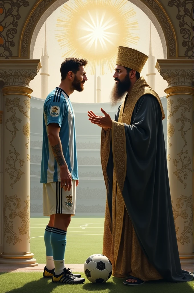 there is a muslim woman in a silky satin-robe carrying a man in a very shiny burqa, a high-shine hijab, a consciousless man in a matte sports outfit is carried away, cristiano ronaldo as pope, messi as a viking, raptor jesus, dressed like jesus christ, ninja jesus, inspired by Sava Šumanović, lionel messi as a muppet, posing like a statue, pontifex, football mascot, guy with horse head, snapchat photo