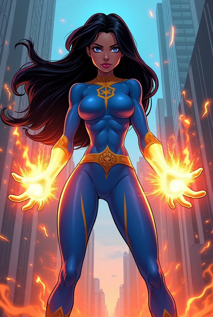 Meet the Native American superheroine clad in a vibrant blue leotard, the sleeves of which extend past her wrists, and black thigh-high boots. Her long, luscious black hair cascades down her back, framing her dark tanned skin and expressive brown eyes. As she stands tall and proud, her fierce determination shines through her seductive demeanor. The wind plays with her hair, adding an ethereal aura to her alluring presence. The sun sets behind her, casting a warm glow on her noble features, as she readies herself for another epic adventure. (Curvy). (highres:1.3) (4k,8k,best quality, masterpiece), full-body image, volumetric lighting, lens flare. fighting stance, battle stance, attacking, dynamic pose, action pose, show her with legs wide, fists raised. pulled back shot, wide angle

