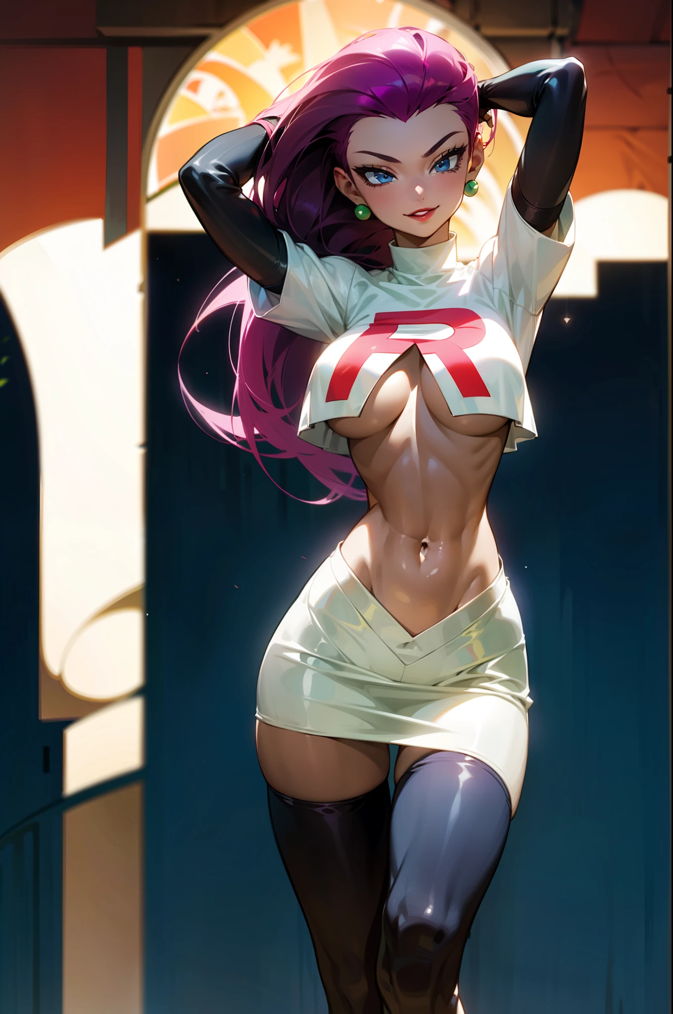 (Masterpiece), Best Quality, ultra-detailed, 1girl (jessie pokemon, Big and pretty breasts, naked body, dark skin, purple hair, hair slicked back, long hair,blue eyes, half-closed eyes), evil face,head tilt, facing viewer, looking at viewer, smirk, parted lips, mascara, full makeup, black eyeshadow, red lipstick, solo,team rocket uniform, white skirt, crop top, thighhighs, elbow gloves, underboob, in the forest, night time, standing, thigh gap, arms up, hands on head, sexy waist teasing, a provocative pose , from_below