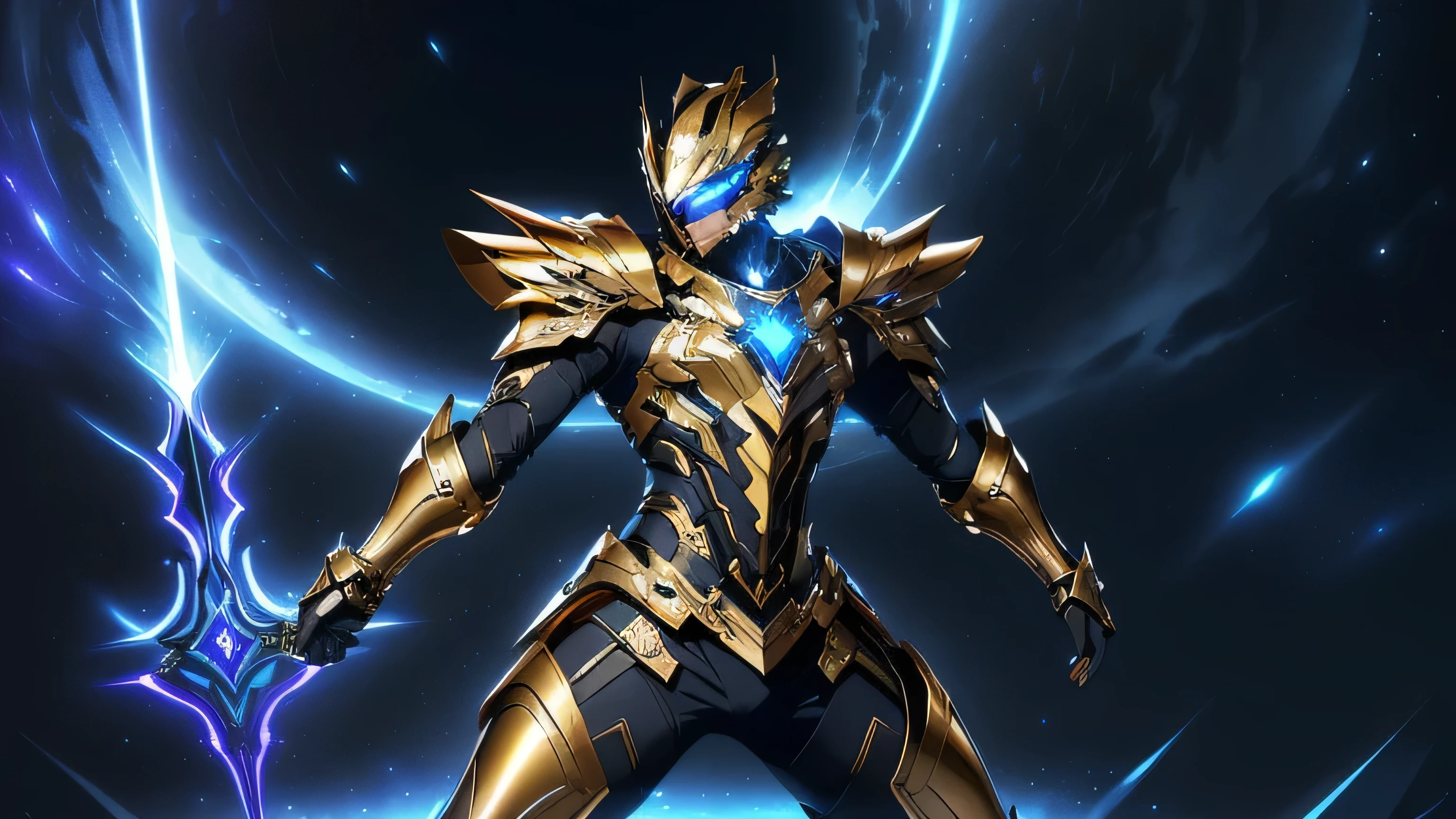 It's a man. The image presents a highly detailed and futuristic armor designed for a male warrior. The armor combines elements from different parts to create a cohesive and powerful look. Helmet: The helmet features a sleek, aerodynamic design with a golden metallic finish. It has a central crest that rises upwards, and the visor glows with a bright blue light, giving it a high-tech, futuristic appearance. Pauldrons (Shoulder Pads): The shoulder pads are designed to be close to the chest, with angular lines extending smoothly toward the shoulders. They have a polished golden finish and curve elegantly upward, creating a harmonious transition between the chest and shoulders, while providing a majestic and protective look. Chest Plate: The chest plate is intricately segmented, with a combination of gold and dark metallic blue. It has a gem-like crystal in the center that emits a soft, mystical glow. The design of the chest plate is both protective and regal, with sharp, angular lines that add to the overall futuristic aesthetic. Arm Guards: The arm guards are sleek and streamlined, with articulated golden and purple segments that offer flexibility and protection. The design of the gauntlets is both robust and elegant, incorporating futuristic elements that blend with the classic style. Leg Armor: The legs are armored with segmented plates that are primarily gold and purple. The boots are angular and sturdy, with a design that conveys both strength and agility. The overall look of the leg armor is grounded yet sleek, completing the ensemble with a powerful stance. The background of the image is a dark cosmic scene, filled with distant stars and nebulae that highlight the polished surfaces of the armor. Dynamic lighting is used to emphasize the key features, particularly the glowing visor and central chest gem, reinforcing the mystical and imposing nature of the warrior. This collar is seamlessly connected to the shoulder pads, enhancing both the protective.