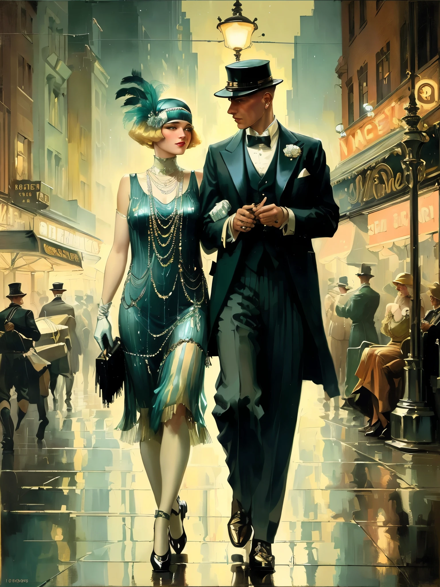 painting of a couple dressed in flappers walking down a city street, dystopian retro 1920s vibe, 1 9 2 0's style speakeasy, j. c. leyendecker 8 k, 1920s vibes, leyendecker style, j c leyendecker 8 k, roaring 20s, inspired by Raymond Leech