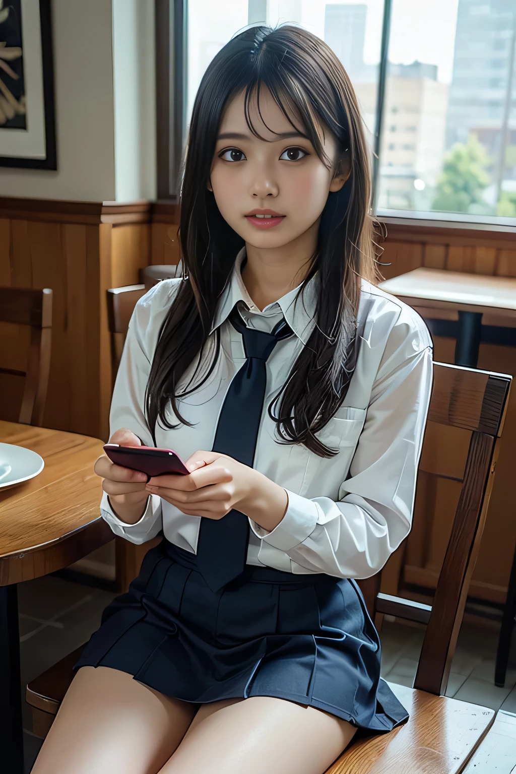 a girl sitting at a table in a restaurant, holding a smartphone, surrounded by food and dishes, viewed from across the table, wearing a school uniform with a short skirt, detailed facial features, (best quality,4k,8k,highres,masterpiece:1.2),ultra-detailed,(realistic,photorealistic,photo-realistic:1.37),HDR,UHD,studio lighting,ultra-fine painting,sharp focus,physically-based rendering,extreme detail description,professional,vivid colors,bokeh,portrait,concept art