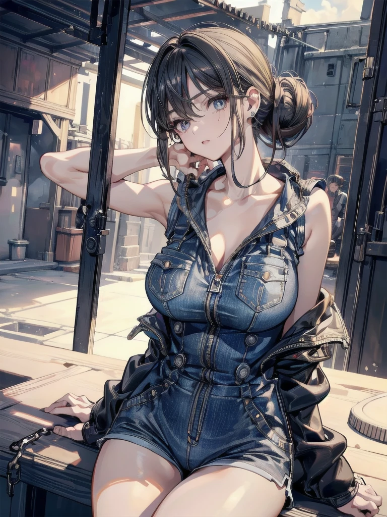 masterpiece,best quality,1girl,mature female,sumeragi lee noriega,long hair,brown hair,yellow eyes,large breasts,wide hips,thick thighs,cleavage,jewelry,bracelet,white pants,blue vest,sleeveless,light frown,(hand on own chin),thinking,sitting,((spacecraft interior,science fiction)),bedroom,dutch angle,<lora:Concept-control tool-add_detail-CyberAIchemist:0.6>,<lora:sumeragi_lee_noriega_v30:0.7>,