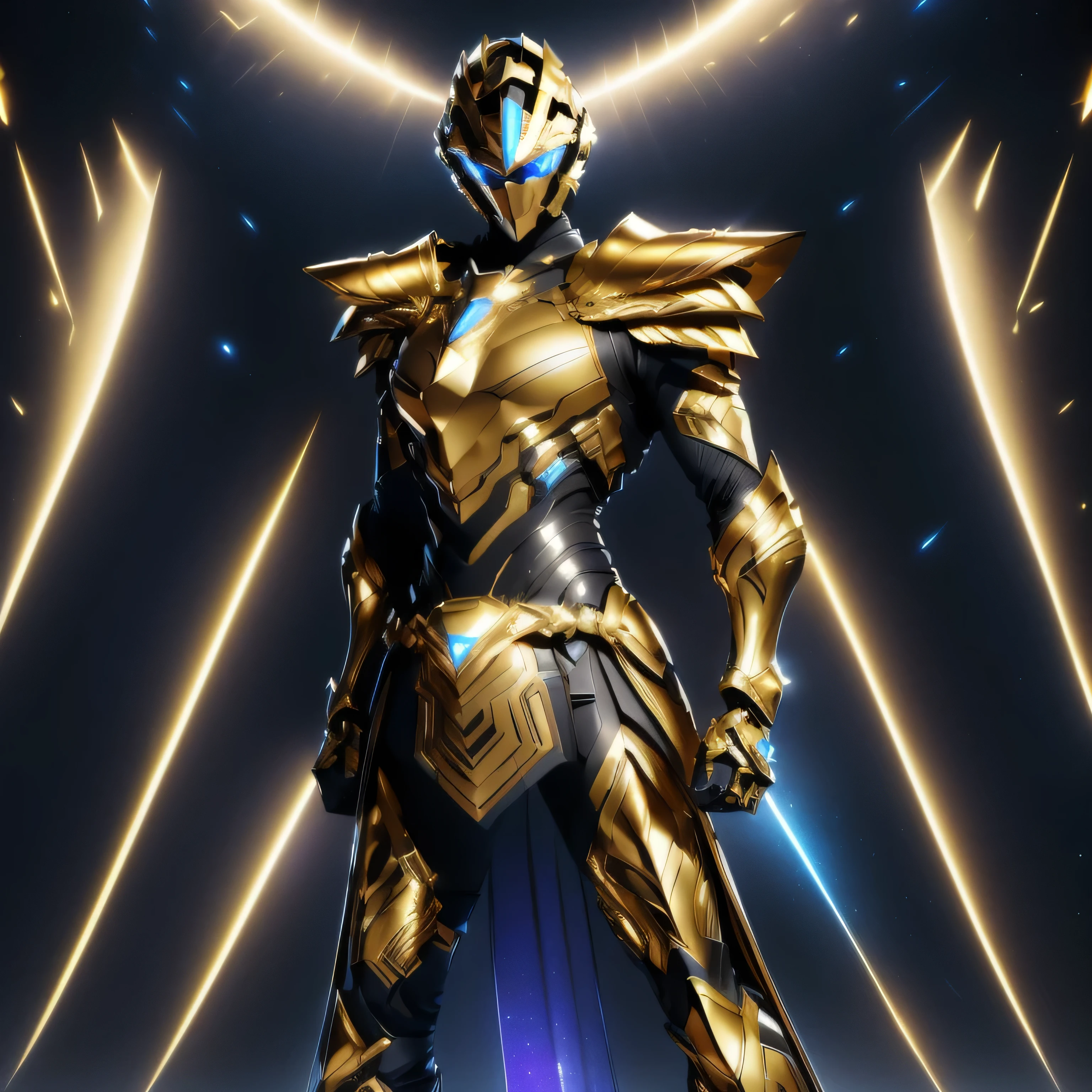 It's a man. The image presents a highly detailed and futuristic armor designed for a male warrior. The armor combines elements from different parts to create a cohesive and powerful look. Helmet: The helmet features a sleek, aerodynamic design with a golden metallic finish. It has a central crest that rises upwards, and the visor glows with a bright blue light, giving it a high-tech, futuristic appearance. Pauldrons (Shoulder Pads): The shoulder pads are designed to be close to the chest, with angular lines extending smoothly toward the shoulders. They have a polished golden finish and curve elegantly upward, creating a harmonious transition between the chest and shoulders, while providing a majestic and protective look. Chest Plate: The chest plate is intricately segmented, with a combination of gold and dark metallic blue. It has a gem-like crystal in the center that emits a soft, mystical glow. The design of the chest plate is both protective and regal, with sharp, angular lines that add to the overall futuristic aesthetic. Arm Guards: The arm guards are sleek and streamlined, with articulated golden and purple segments that offer flexibility and protection. The design of the gauntlets is both robust and elegant, incorporating futuristic elements that blend with the classic style. Leg Armor: The legs are armored with segmented plates that are primarily gold and purple. The boots are angular and sturdy, with a design that conveys both strength and agility. The overall look of the leg armor is grounded yet sleek, completing the ensemble with a powerful stance. The background of the image is a dark cosmic scene, filled with distant stars and nebulae that highlight the polished surfaces of the armor. Dynamic lighting is used to emphasize the key features, particularly the glowing visor and central chest gem, reinforcing the mystical and imposing nature of the warrior. This collar is seamlessly connected to the shoulder pads, enhancing both the protective.