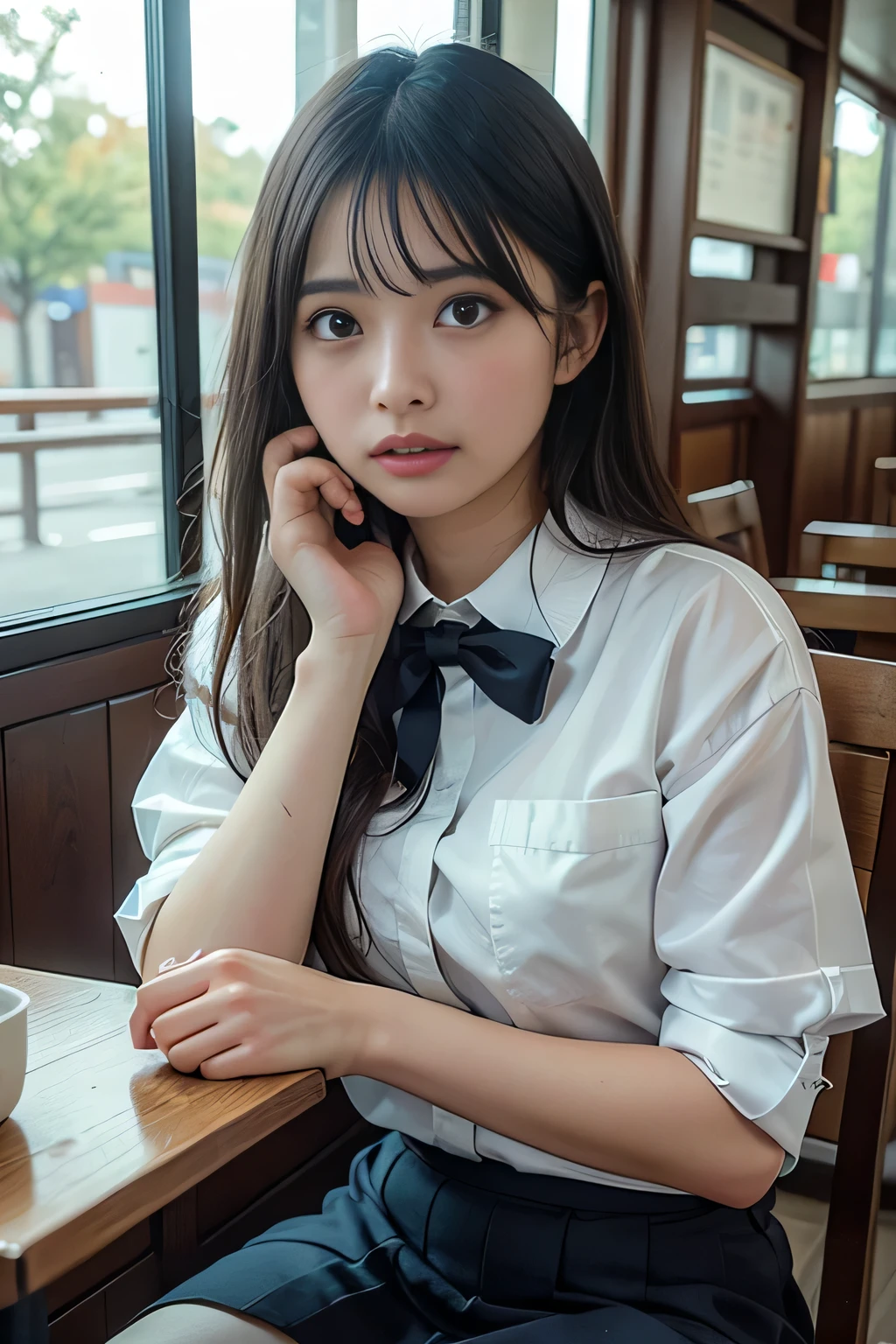 a girl sitting at a table in a restaurant, holding a smartphone, surrounded by food and dishes, viewed from across the table, wearing a school uniform with a short skirt, detailed facial features, (best quality,4k,8k,highres,masterpiece:1.2),ultra-detailed,(realistic,photorealistic,photo-realistic:1.37),HDR,UHD,studio lighting,ultra-fine painting,sharp focus,physically-based rendering,extreme detail description,professional,vivid colors,bokeh,portrait,concept art