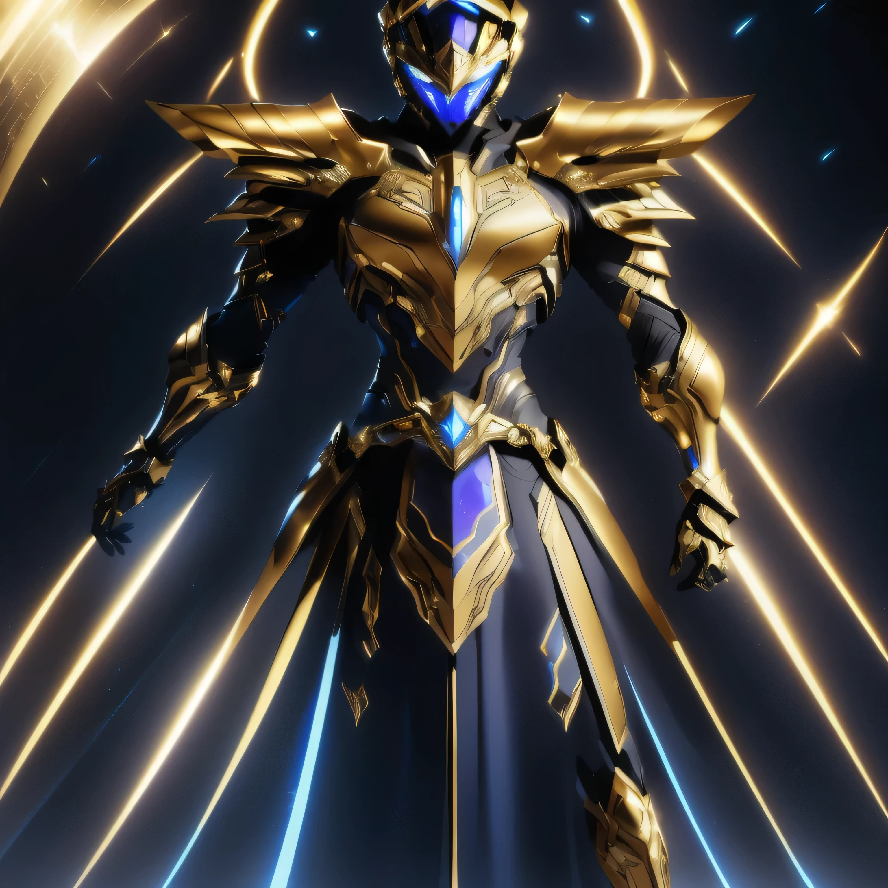 It's a man. The image presents a highly detailed and futuristic armor designed for a male warrior. The armor combines elements from different parts to create a cohesive and powerful look. Helmet: The helmet features a sleek, aerodynamic design with a golden metallic finish. It has a central crest that rises upwards, and the visor glows with a bright blue light, giving it a high-tech, futuristic appearance. Pauldrons (Shoulder Pads): The shoulder pads are designed to be close to the chest, with angular lines extending smoothly toward the shoulders. They have a polished golden finish and curve elegantly upward, creating a harmonious transition between the chest and shoulders, while providing a majestic and protective look. Chest Plate: The chest plate is intricately segmented, with a combination of gold and dark metallic blue. It has a gem-like crystal in the center that emits a soft, mystical glow. The design of the chest plate is both protective and regal, with sharp, angular lines that add to the overall futuristic aesthetic. Arm Guards: The arm guards are sleek and streamlined, with articulated golden and purple segments that offer flexibility and protection. The design of the gauntlets is both robust and elegant, incorporating futuristic elements that blend with the classic style. Leg Armor: The legs are armored with segmented plates that are primarily gold and purple. The boots are angular and sturdy, with a design that conveys both strength and agility. The overall look of the leg armor is grounded yet sleek, completing the ensemble with a powerful stance. The background of the image is a dark cosmic scene, filled with distant stars and nebulae that highlight the polished surfaces of the armor. Dynamic lighting is used to emphasize the key features, particularly the glowing visor and central chest gem, reinforcing the mystical and imposing nature of the warrior. This collar is seamlessly connected to the shoulder pads, enhancing both the protective.