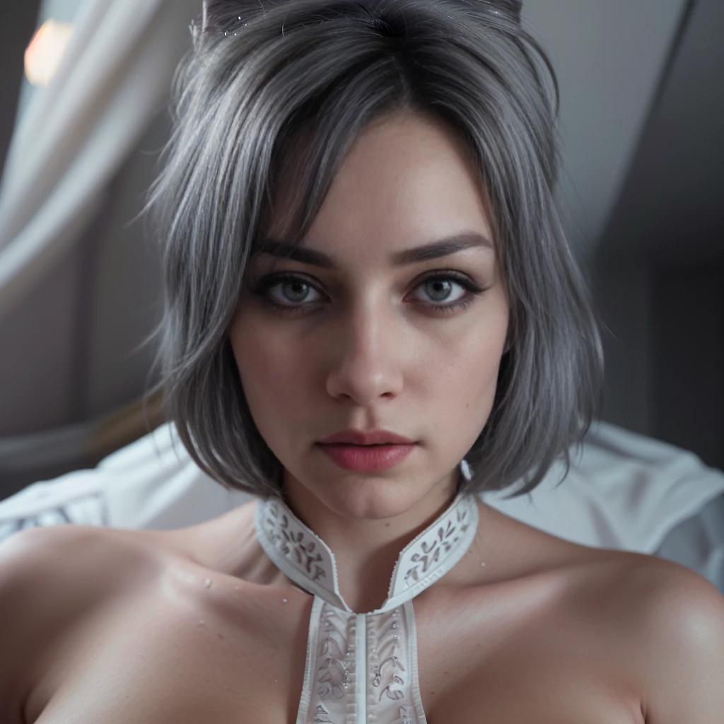 masterpiece, best quality, highres, absurdres, 8k, 4k, official art, flat_color, 1girl, large_breasts, maid uniform, grey hair, detailed eyes, beautiful detailed lips, extremely detailed face, long eyelashes, elegant pose, intricate details, detailed background, atmospheric lighting, dramatic lighting, vivid colors, cinematic composition