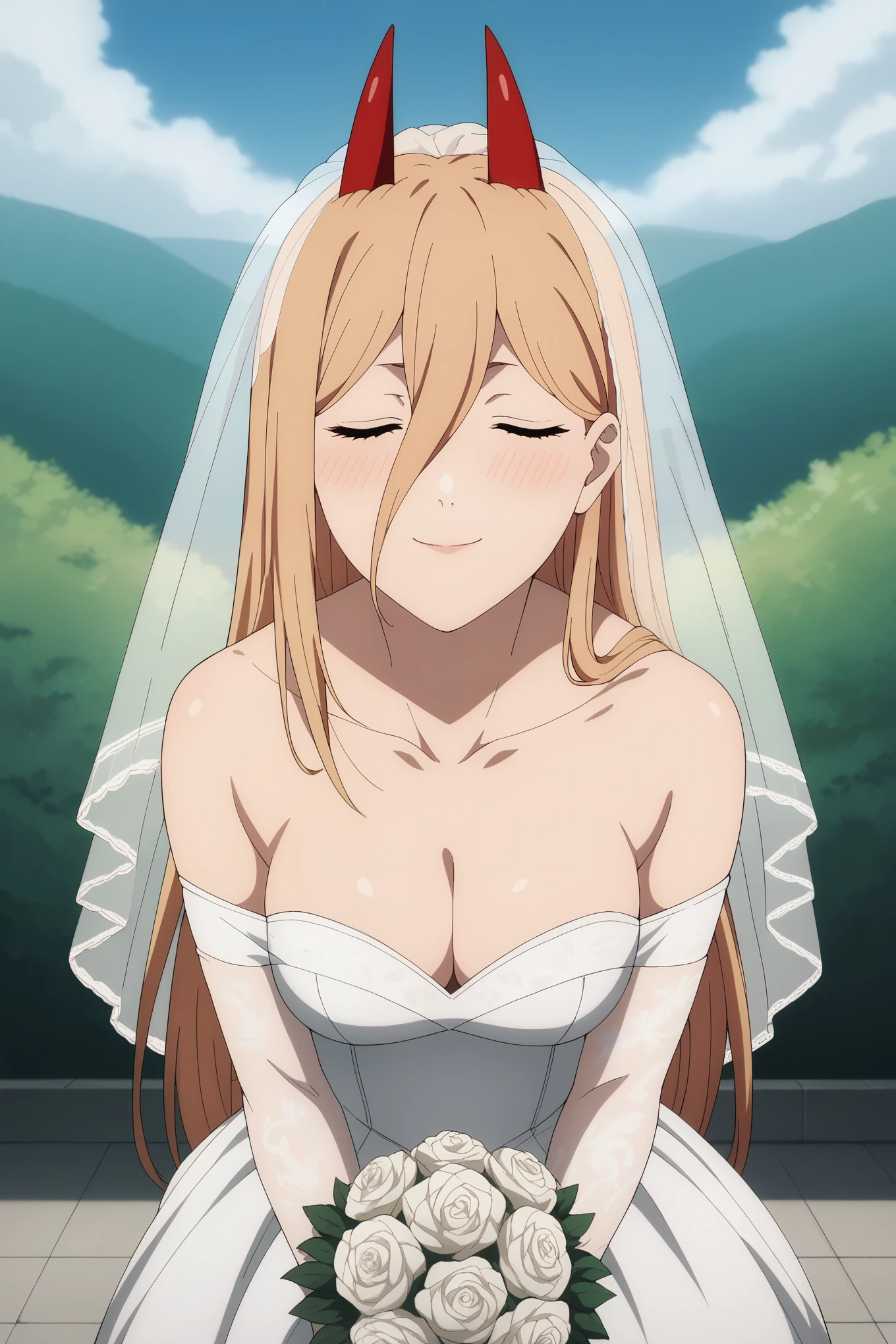 score_9, score_8_up, score_7_up, score_6_up, source_anime, BREAK, 1girl, solo, p0w3r0x1, power, long hair, blonde hair, red horns,demon pupils, blushing, medium breasts, blushing, looking at viewer, wedding dress, wedding veil, off shoulder, cleavage, outdoor, sky, standing, cowboy shot, smile, medium breasts, incoming kiss, closed eyes, bouquet, colarbone, pov, closer, wedding ceremony