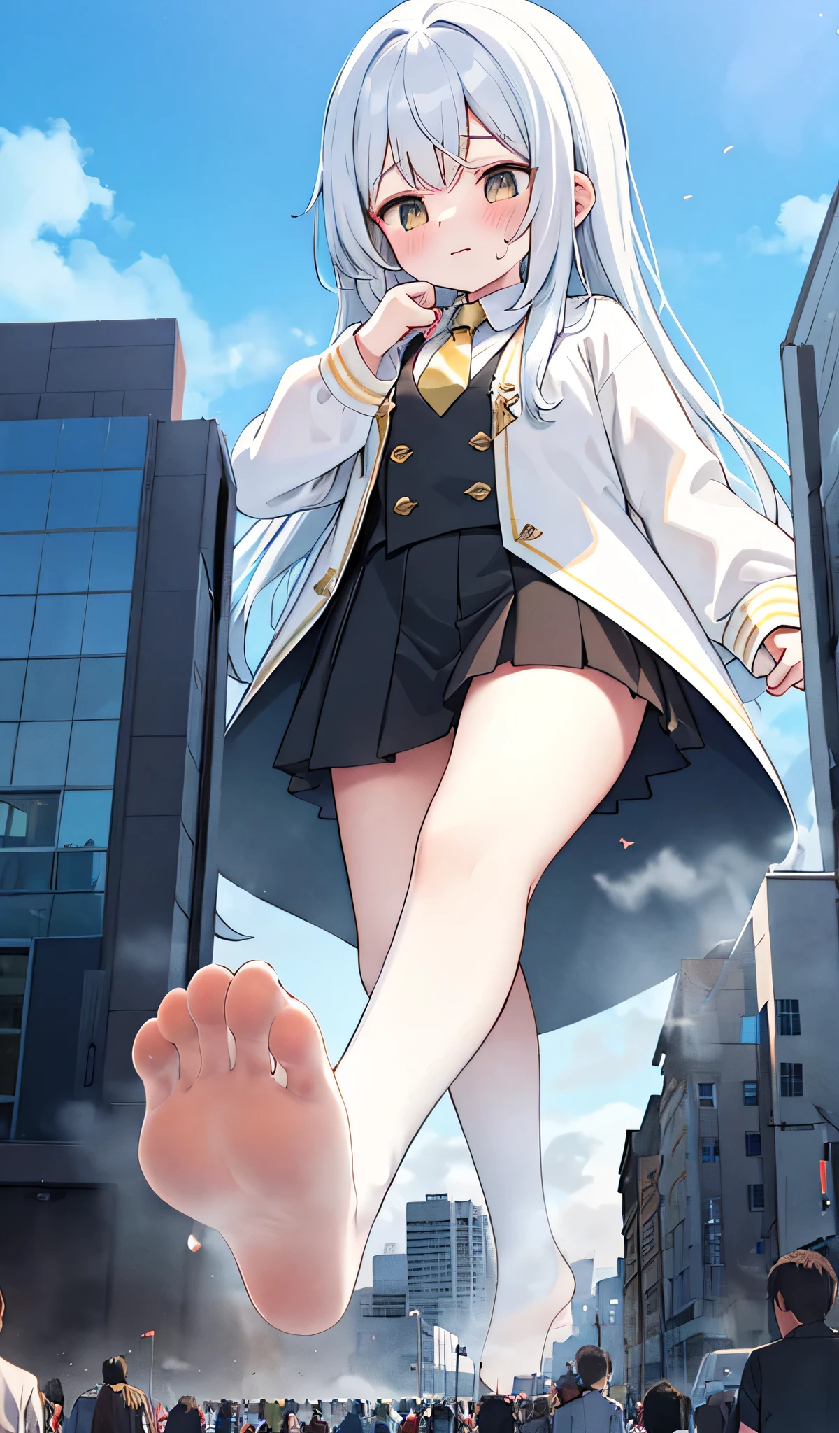 1girll, 16 yaers old, full bodyesbian,A giantess， Bigger than the building,No shoes，{Black stockings}，Black jacket with white shirt ，Blue tie，Dark gray hair，Wolf ears，Light red eyes，A cold expression， Destroyed buildings, Sit on a destroyed building，Trampled cars，Ravage the car with your feet，GTSCity, As a giantess, Bright pupils, Smile, Naughty face, 16k, High quality, High details, Anatomically correct, Textured skin，The feet emit steam，