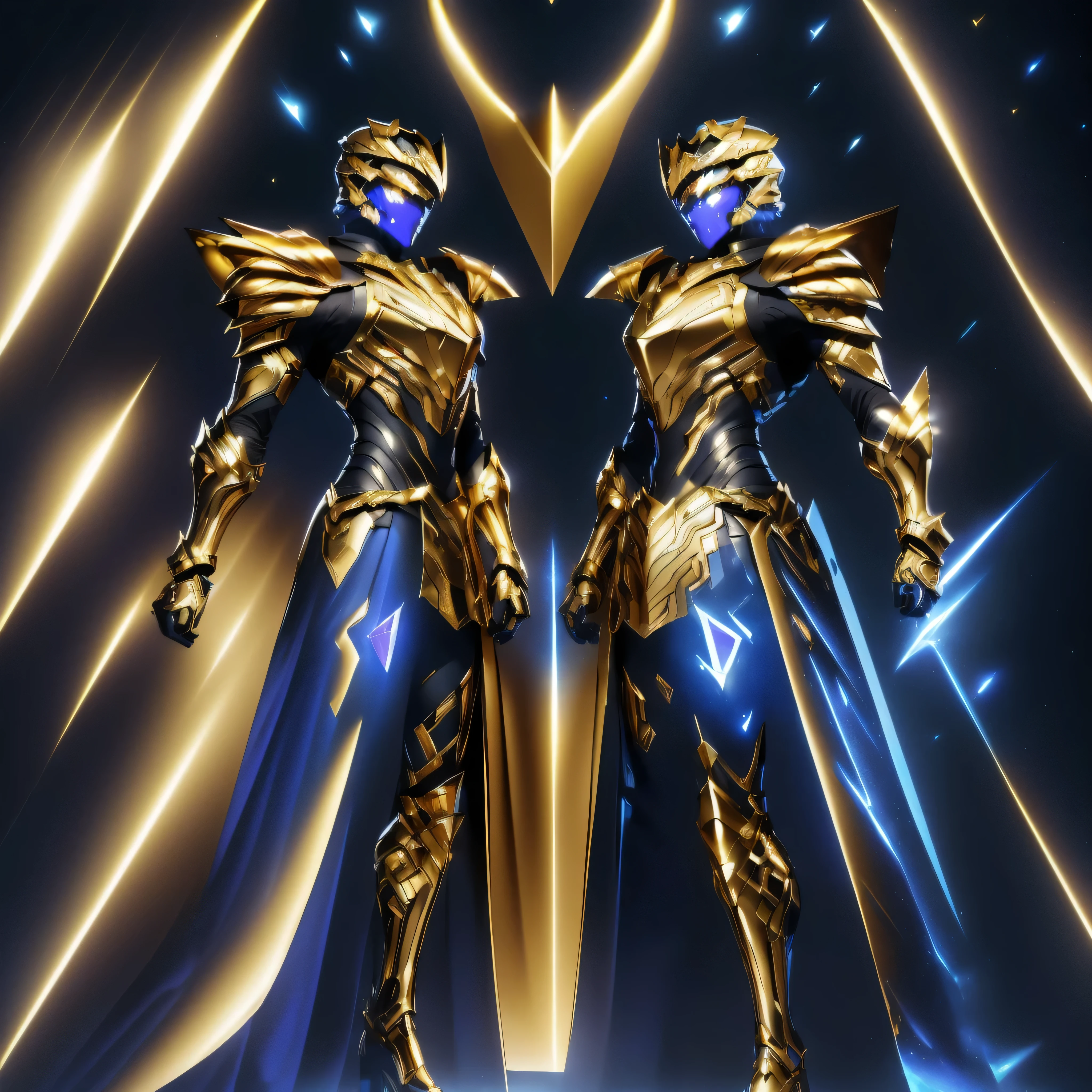 It's a man. The image presents a highly detailed and futuristic armor designed for a male warrior. The armor combines elements from different parts to create a cohesive and powerful look. Helmet: The helmet features a sleek, aerodynamic design with a golden metallic finish. It has a central crest that rises upwards, and the visor glows with a bright blue light, giving it a high-tech, futuristic appearance. Pauldrons (Shoulder Pads): The shoulder pads are designed to be close to the chest, with angular lines extending smoothly toward the shoulders. They have a polished golden finish and curve elegantly upward, creating a harmonious transition between the chest and shoulders, while providing a majestic and protective look. Chest Plate: The chest plate is intricately segmented, with a combination of gold and dark metallic blue. It has a gem-like crystal in the center that emits a soft, mystical glow. The design of the chest plate is both protective and regal, with sharp, angular lines that add to the overall futuristic aesthetic. Arm Guards: The arm guards are sleek and streamlined, with articulated golden and purple segments that offer flexibility and protection. The design of the gauntlets is both robust and elegant, incorporating futuristic elements that blend with the classic style. Leg Armor: The legs are armored with segmented plates that are primarily gold and purple. The boots are angular and sturdy, with a design that conveys both strength and agility. The overall look of the leg armor is grounded yet sleek, completing the ensemble with a powerful stance. The background of the image is a dark cosmic scene, filled with distant stars and nebulae that highlight the polished surfaces of the armor. Dynamic lighting is used to emphasize the key features, particularly the glowing visor and central chest gem, reinforcing the mystical and imposing nature of the warrior. This collar is seamlessly connected to the shoulder pads, enhancing both the protective.