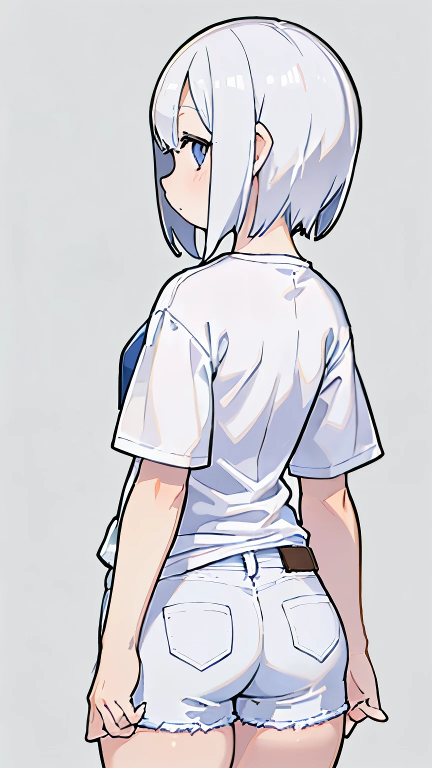 line art, a girl, (white T-shirts, Hip Length T-shirts), white denim shorts, (white short hair, Ultra detailed hair), (thin body, thin arms), simple background, monochrome illustration, (cowboy shot), (back shot, back, from back)