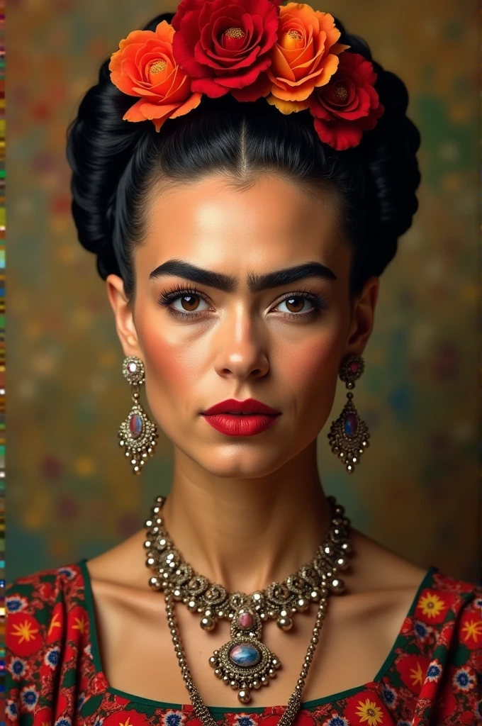 Make Frida Kahlo a goddess. Her skin render and flowers in the background