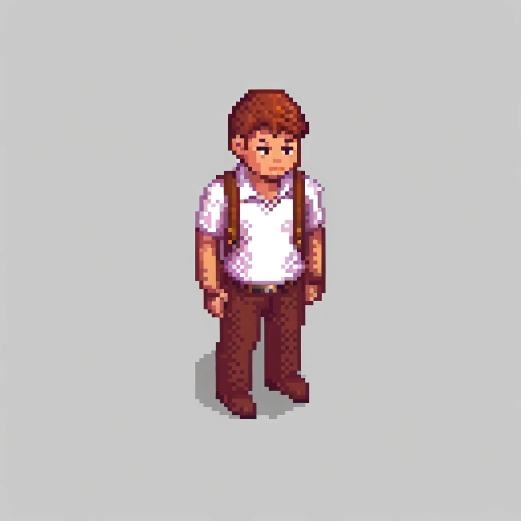 Pixel art, Isometric, detail character, full body male character standing idle in white background, character sheet in 8 direction, Character face to 8 direction 