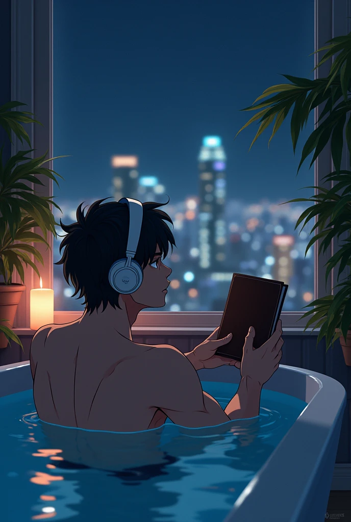anime man wearing White headphoness, have a book, black hair, 29-year-old, take a bath, in the bathroom, muscular body, lofiboy anime atmosphere, Lofiatostyle, anime style 4k, anime aesthetics, Nightcore, Lo-fi feeling, Lofiato, anime art wallpaper 4k, anime wallpaper 4k, Lo-fi atmosphere, plants in the room, City view, sunrise, White headphones, he is looking at the City view in the bath, Heavenly music that fills the air, A single thick candle is lit, Night city lights illuminate the bathroom, anime style, cinematic lighting, Sony FE manager, masterpiece, highest quality, 4k