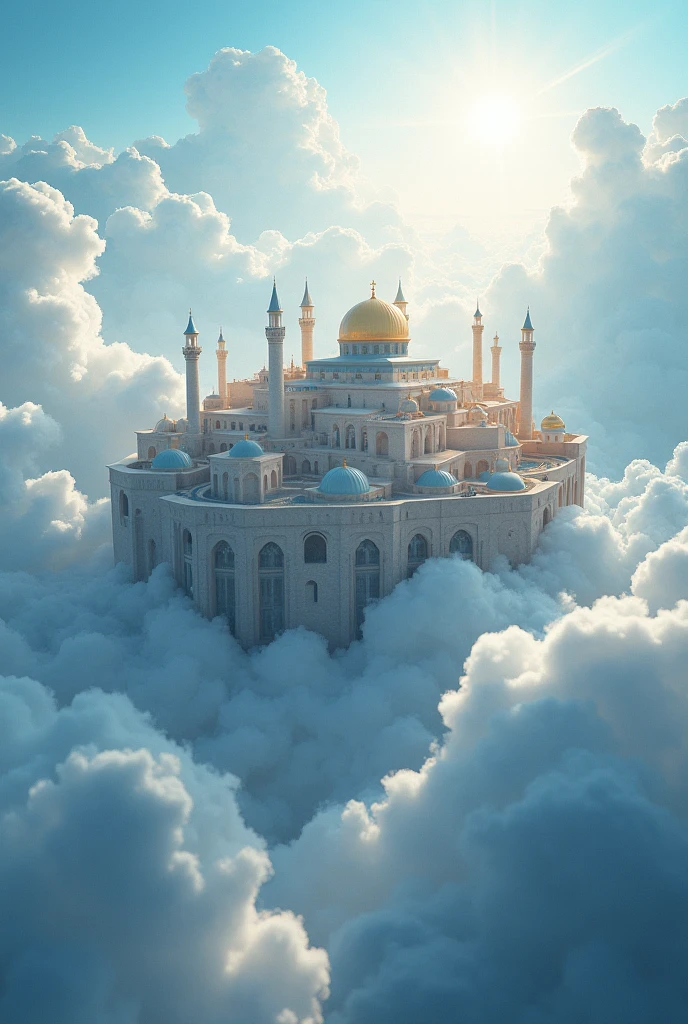 A huge and gigantic Arab palace on the back of the clouds in the sky and lots of lights and lights and giant clouds .
High accuracy, Ultra-high-resolution display, Very detailed, luster, halo on head, color deviation, glowing light, Rays of God, A picture of bliss.
Behind the palace is a fairy garden. 