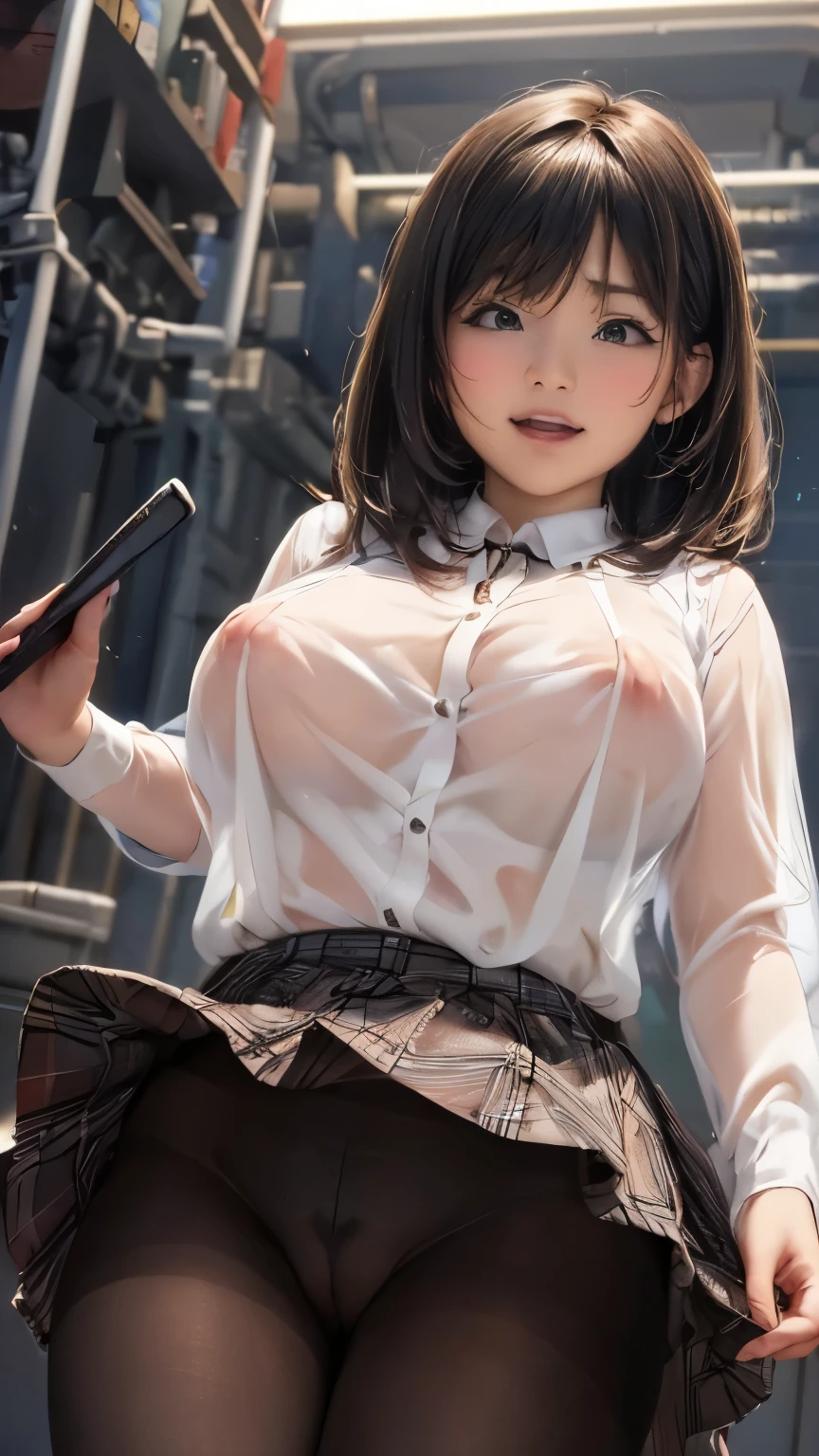 a girl are a blouse showing her breasts, ((detailed nipples)), skirt, shorts, leggins, jeans, (long stockings or pantyhose), cityscape, medium breasts, ((very detailed)), perfectly detailed face, detailed hand, photorealistic image.