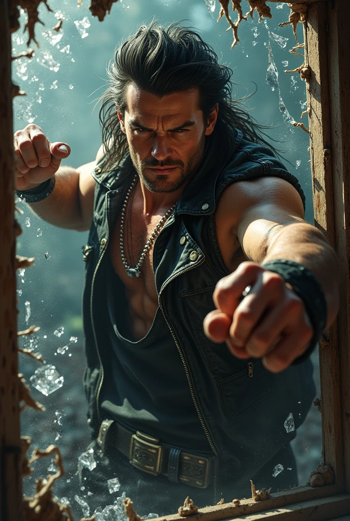 In a dark environment at the back of the garage, a handsome man shirtless with a dirty body, a shirtless and dirty man with his hands chained so that he could not escape. Realistic, 8K, full body. --auto --s2