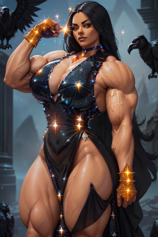 ((Close-up)), tall, (black hair) beautiful muscular woman, long straight hair, brown skinned, closed smile, (black lipstick), (massive muscles), (hyper muscle), ((ginormous bulky muscles)), orange eyes, ((((long sparkly black Crystalline Dress)))), (Crystalline fingerless gloves), choker, (Crystalline gauntlets) high heels, ((surrounded by ravens)), (on top a mystical city) 