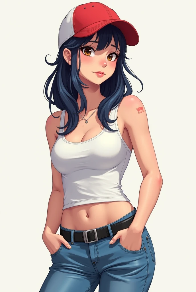 1girl, long black hair with volume, pale blue eyes, sexy, stoic expression, white tank top, choker, cleavage, perfect body, denim jeans, jewelry, seductive pose