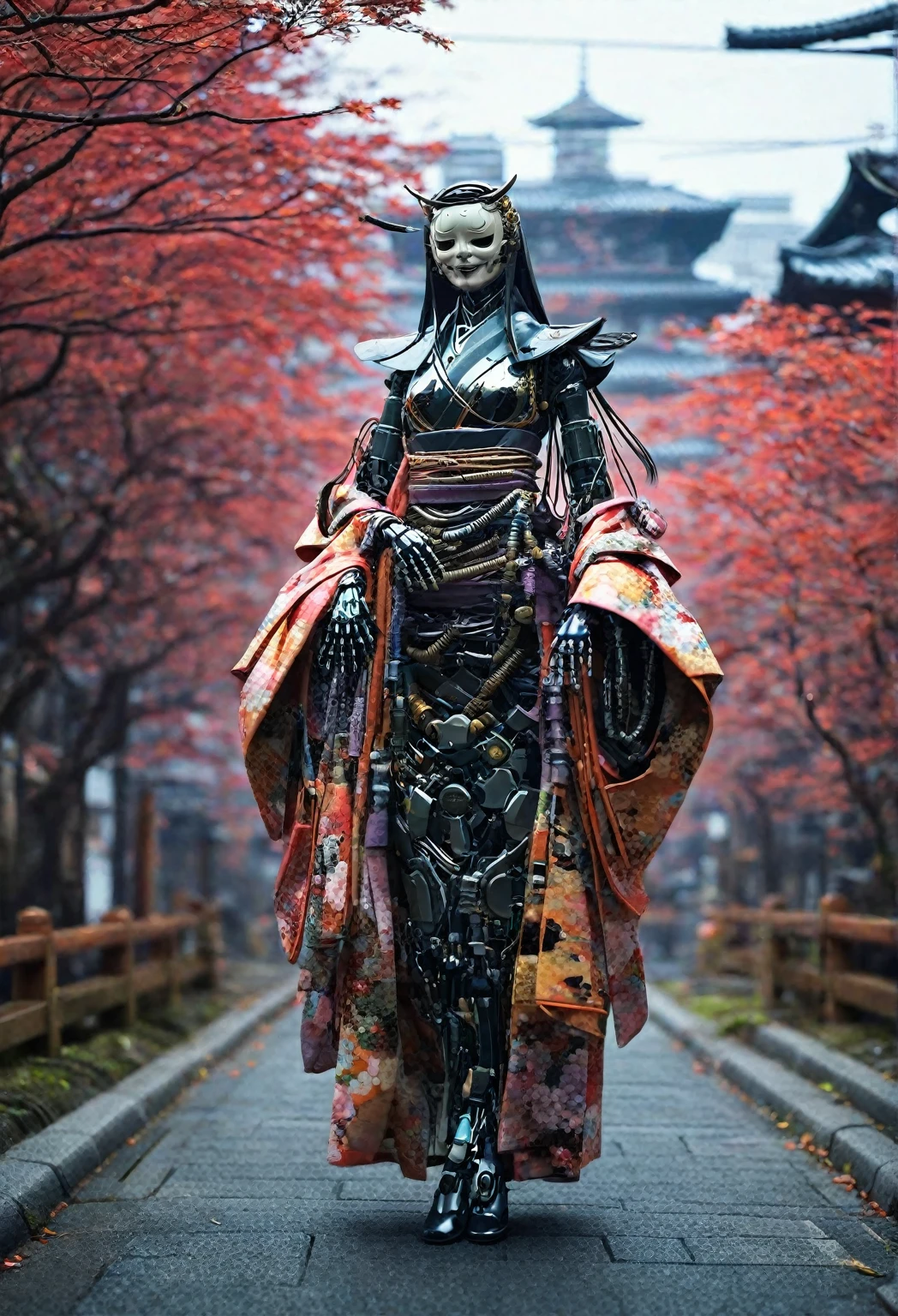 Creating an image of a female android in a beautiful kimono walking through the streets of Kyoto. The style is terrible, and the fusion of humans and robots has a mysterious and creepy atmosphere amidst the beauty. In the background is an old Japanese cityscape. It has a long neck made of machines and wears a mask. Imagine a strange and eerie picture - Ar 9:16.
creepy atmosphere, fusion, horror, Japanese cityscape, long neck, robots, v 6