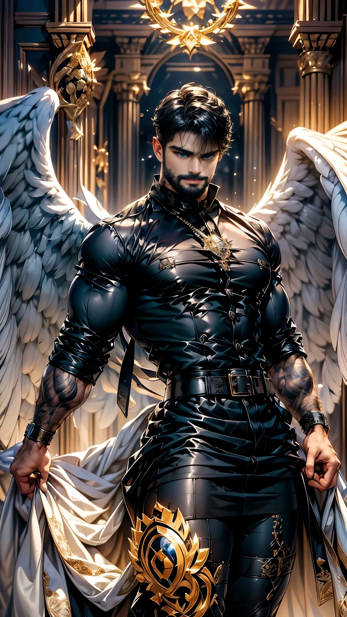 Daegan(1), male_character, detailed_face, no more characters, angel wings (symmetrical style), blue eyes (iris color), medium beard, black hair, wearing plaid shirt, chaps, belt, silver belt buckle, laughing, black jacket, red neckerchief, tattooed, arm pointing sky (body), visual harmony, epic scenery, extremely detailed CG unity 4k wallpaper, best quality, amazing quality, very aesthetic, (ethereal particles:1.1), (dynamic pose:1.2), (epic soundtrack:1.2), (sense of awe:1.1), (magical prowess:1.1), over power, power up, sphere, extreme.