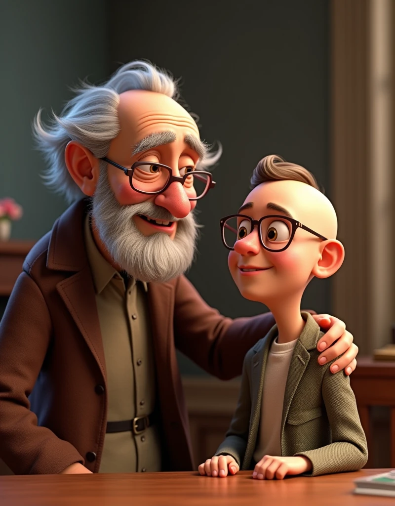 A handsome guy combing his old father hair in a wash room, pixar style, cinematic, masterpiece, high-aesthetic, portrait