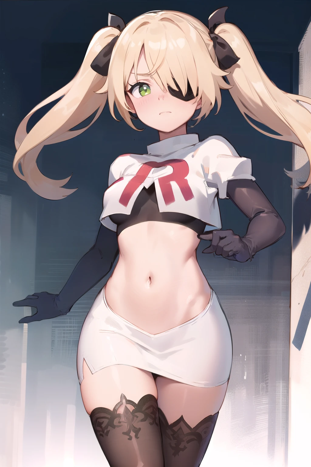 absurdres, fischl (dunkelnacht sakrament) (genshin impact), green eyes, (white pupils:1.2), fischl (genshin impact), medium_breasts, blonde hair, eyepatch, long hair, hair over one eye, bangs, hair ribbon, small breasts, 1girl, team rocket,team rocket uniform,white skirt,red letter R,crop top,black thigh-high boots,black elbow gloves,