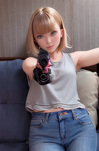 masterpiece, Best Quality, Super detailed,   Elster, cyborg, One girl, Alone, blue eyes, Short Hair, Blue layered tank top, jeans, Combat Boots, Covered navel, Holster for viewers, Pistol, Grab a pistol, Upper Body,