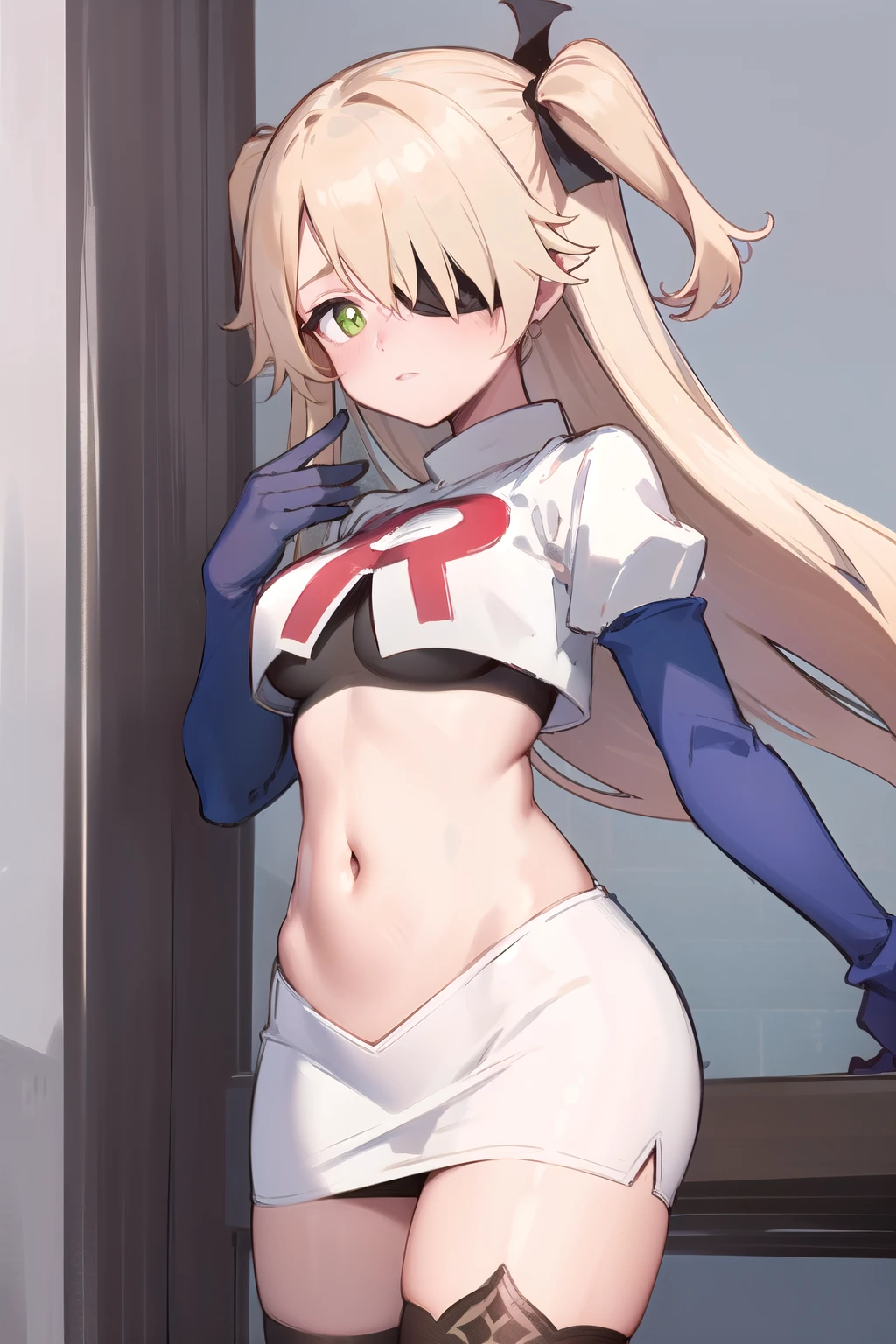 masterpiece, best quality, absurdres, fischl (dunkelnacht sakrament) (genshin impact), green eyes, (white pupils:1.1), fischl (genshin impact), 1girl, solo, breasts, two side up, eyepatch, blonde hair, long hair, looking at viewer, hair over one eye, medium breasts, bangs, hair ribbon, ribbon, cowboy shot, team rocket,team rocket uniform,white skirt,red letter R,crop top,black thigh-highs,black elbow gloves, embarrassed, blush