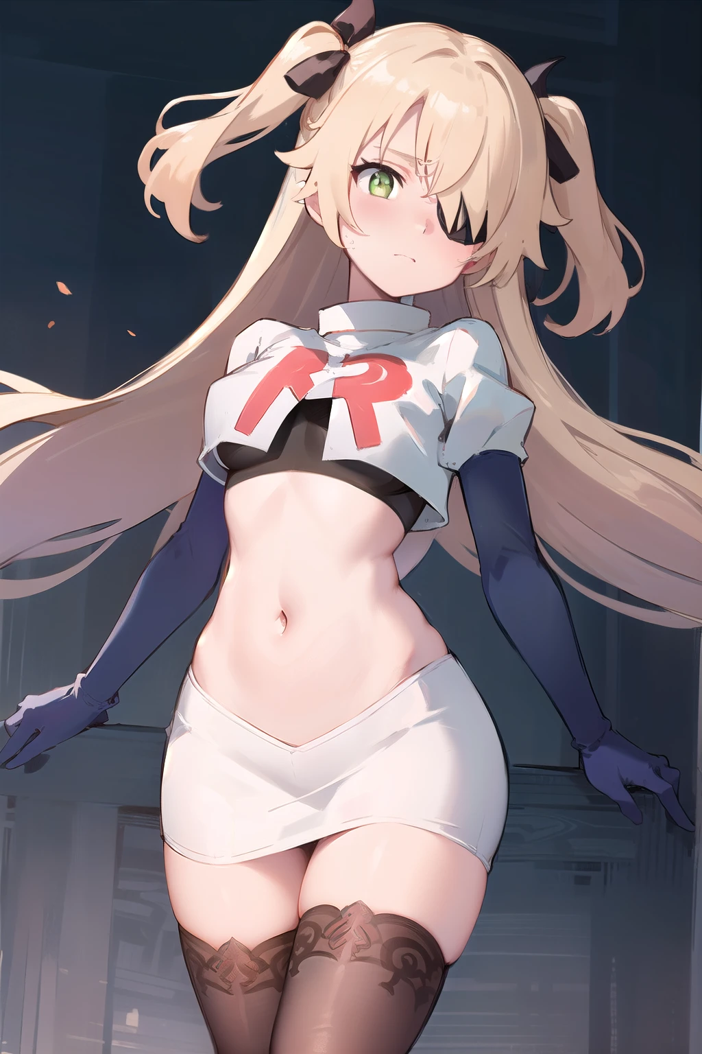 mandragora, mandragora, long hair, bangs, ahoge, green hair, (purple eyes:1.1), bow, hair bow,
BREAK team rocket,team rocket uniform, red letter R, white skirt,white crop top,black thigh-highs,black elbow gloves
BREAK looking at viewer, (cowboy shot:1.5),
BREAK (masterpiece:1.2), best quality, high resolution, unity 8k wallpaper, (illustration:0.8), (beautiful detailed eyes:1.6), extremely detailed face, perfect lighting, extremely detailed CG, (perfect hands, perfect anatomy),