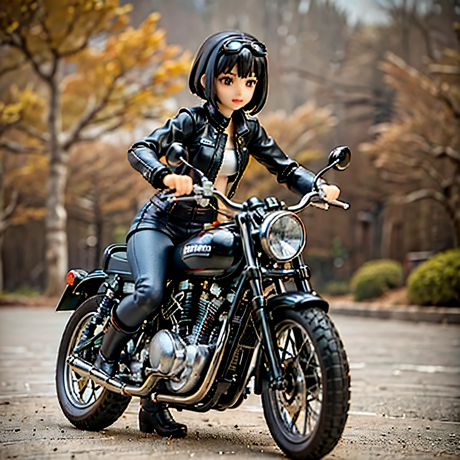 (Miniature photography)、(3D figure)、(Ride a classic motorcycle:1.2 )、beautiful Japanese girl、Beautiful Face, Black Hair, Short Bob Hair, Red classic leather jacket、leather shorts、boots、goggles、Take a photo of the entire bike、(White Background)、(Highest quality、High resolution、masterpiece)、(3d)、4K、8k、wallpaper、