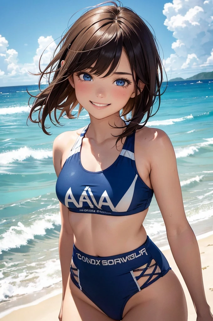 highest quality、Realistic、Women、16 years old、zoom、Chestnut Hair、Turquoise Eyes、short hair、athlete、muscle、Swimwear、smile、Ocean、Looking down、、Bust Shot、