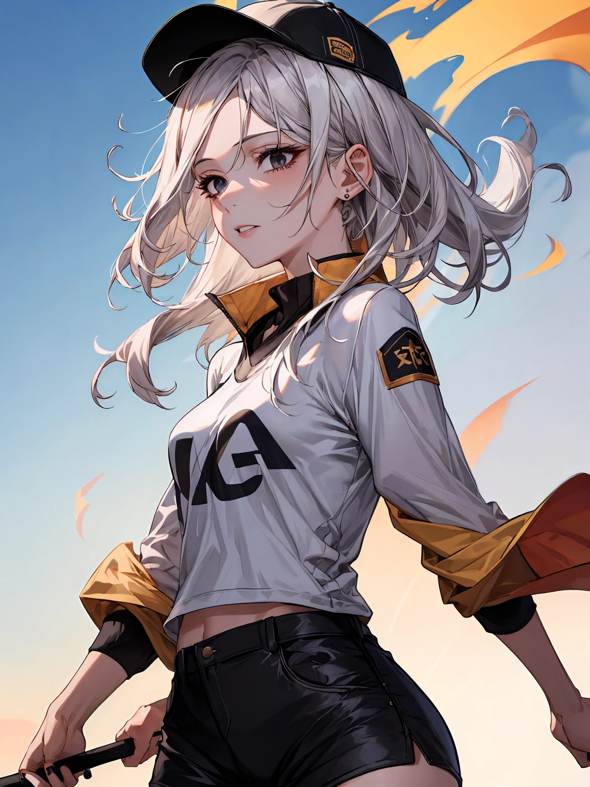 (Extreme Detail CG Unity 8K Wallpapers,tmasterpiece,Highest image quality),(Delicate light and shadow,The picture is highly dramatic,Cinematic lens effect)A youthful student babes standing on the sports field、Silver shiny hair、Sporty wind、self-assured、vibrancy、Tall、slim、shairband、Bundle up、Sports-style clothing、Light-colored sports suit、individuality、sweat shorts、Sporty wind、self-assured、vibrancy、Tall、slim、Long black shiny hair、shairband、Bundle up、youthfulenergy、Sports-style clothing、Bright colors、streamlined line design、Uniqueness、Thin waistband、Fashionab、Wrist watch、Bracelet、White sneakers、grin、Eyes、resolution、vibrancy、sport、Sports hand straps、hair pin、Hair rope、Headbands、Bracelet、Anklets、Leg socks、耳Nipple Ring、Falling debris、with beautiful colors、youthfulenergy、adolable、quadratic element、Brush stroke